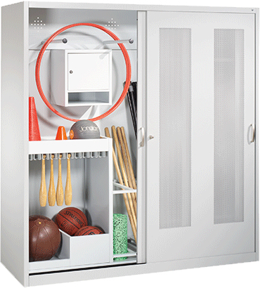 Sportgeräteschrank mit gelochten Schiebetüren